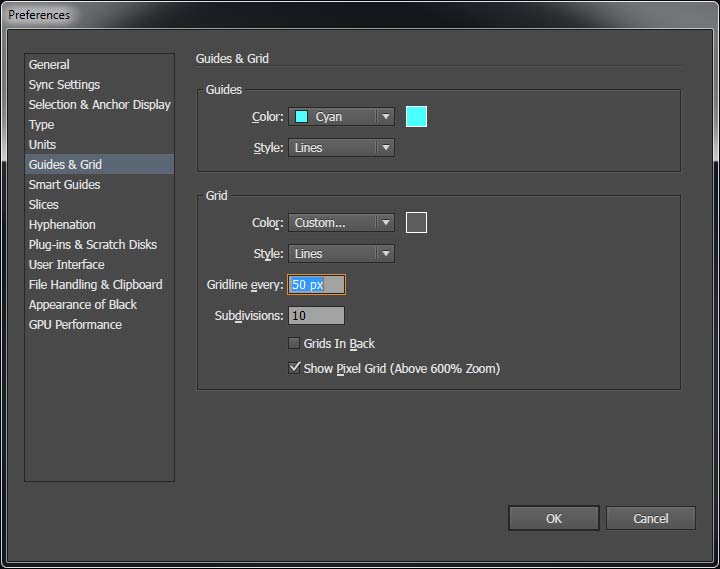 Illustrator grid preferences