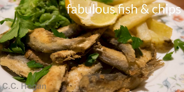 Sprats and Chips with Mushy Peas